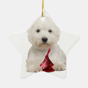 Adorno De Cerámica Westie y beso de caramelo rojo