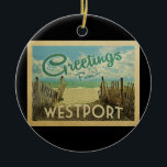 Adorno De Cerámica Westport Connecticut Beach Vintage Travel<br><div class="desc">Este diseño de postal original de Greetings From Westport incluye una playa de arena con un hermoso agua turquesa del océano y sobre el mar,  un cielo azul con nubes blancas onduladas. En estilo de viajes vintage.</div>
