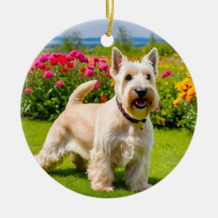 Adorno De Cerámica Wheaten Scottish Terrier jugando en Flowers Grass