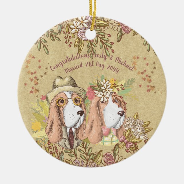 Adorno De Cerámica Whimsical Boda Regalo Basset Hound Bride Groom (Frente)