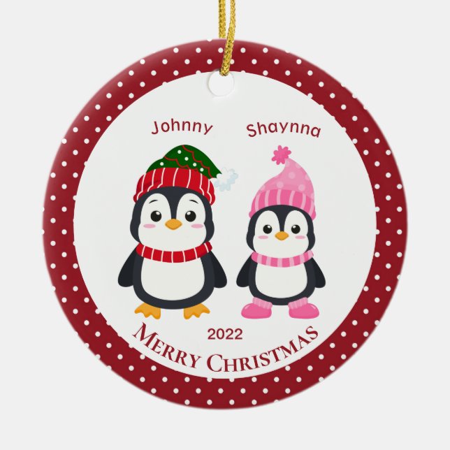 Adorno De Cerámica Whimsical Brother & Sister Penguins Personalized C (Frente)