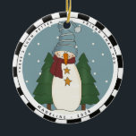 Adorno De Cerámica Whimsical Country Snowman, amigo personalizado<br><div class="desc">El maravilloso ornamento cerámico de Snowman Personalizado Amigo del País - hace el regalo perfecto para su(s) amigo(s). Un hombre de nieve de campo primitivo está vestido con su mejor gorra de rayas azules y bufanda borgoñona con estrellas amarillas de mostaza y está parado entre dos pinos en un fondo...</div>