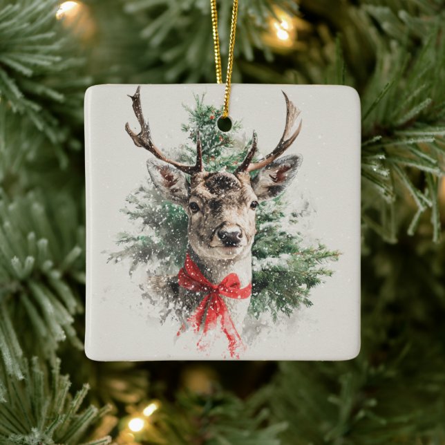 Adorno De Cerámica Whimsical Deer with Red Bow Christmas Ornament (Árbol)