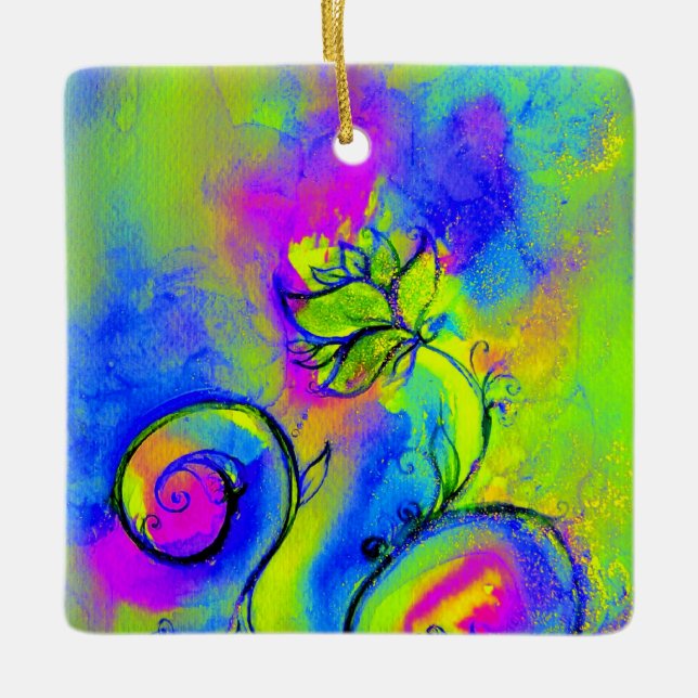 Adorno De Cerámica WHIMSICAL FLOWERS pink yellow purple,blue (Anverso)