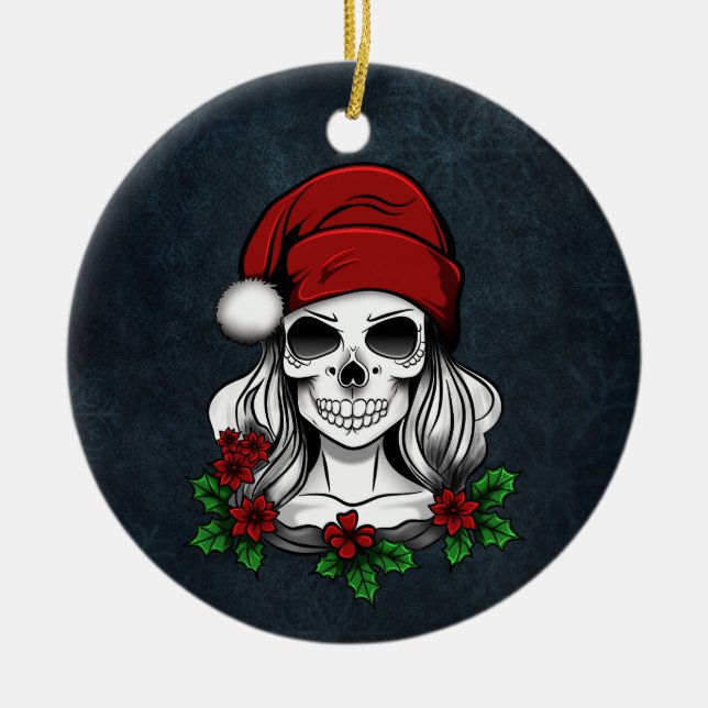 Adorno De Cerámica Whimsical Gothic Santa Skull Navidades (Frente)