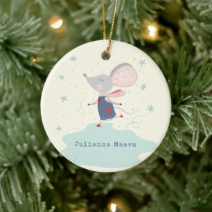 Adorno De Cerámica Whimsical Ice Skater Mouse Holiday Name Custom