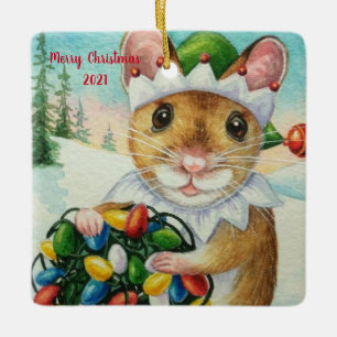 Adorno De Cerámica Whimsical North Pole Elf Mouse Watercolor Art