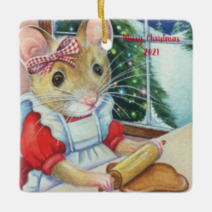 Adorno De Cerámica Whimsical North Pole Gingerbread Baker Mouse Art