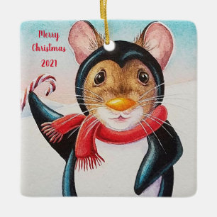 Adorno De Cerámica Whimsical North Pole Pingüino Mouse Watercolor Art