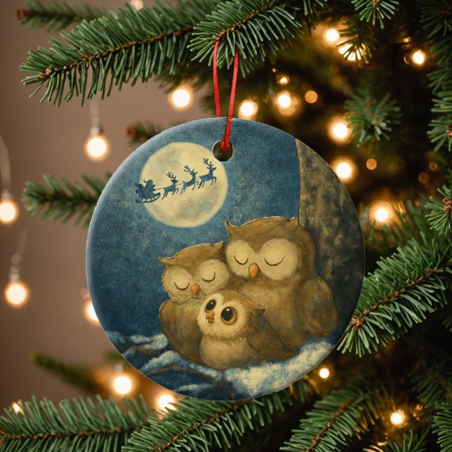 Adorno De Cerámica Whimsical Owl Family Christmas Eve Baby Owlet (Whimsical owl family ornament with a baby owl watching Santa’s sleigh under a winter moon.)