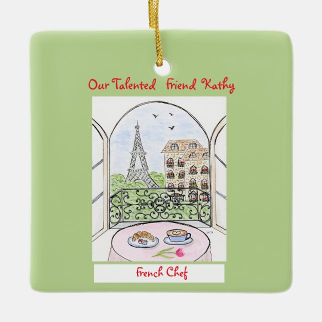 Adorno De Cerámica Whimsical Paris and Eiffel Tower French Chef (Anverso)