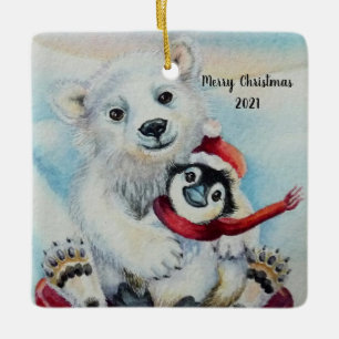 Adorno De Cerámica Whimsical Penguin & Polar Bear Watercolor Art
