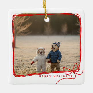 Adorno De Cerámica Whimsical Red Ribbon Frame Holiday Photo