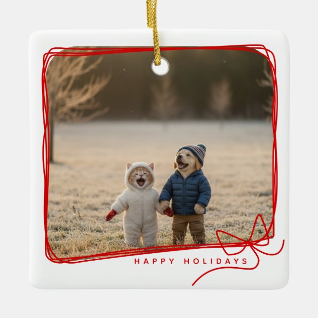Adorno De Cerámica Whimsical Red Ribbon Frame Holiday Photo (Anverso)