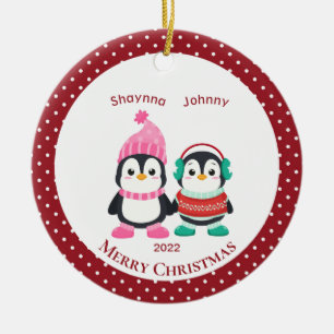 Adorno De Cerámica Whimsical Sister & Brother Penguins Personalized  