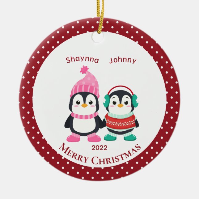 Adorno De Cerámica Whimsical Sister & Brother Penguins Personalized   (Frente)