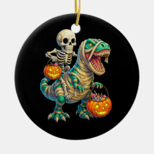 Adorno De Cerámica Whimsical Skeleton Riding Mummy T-Rex Halloween
