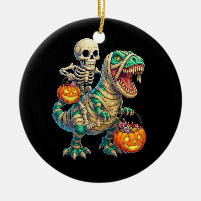 Adorno De Cerámica Whimsical Skeleton Riding Mummy T-Rex Halloween (Frente)