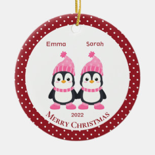 Adorno De Cerámica Whimsical Twin Sister Penguins Personalized    