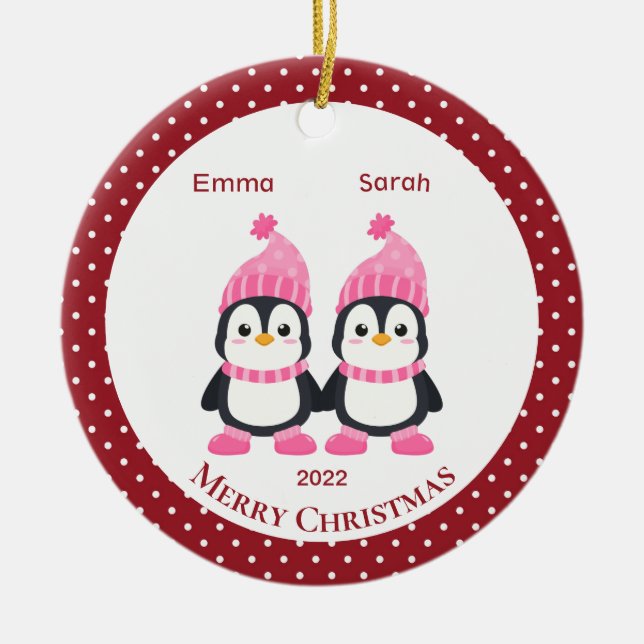 Adorno De Cerámica Whimsical Twin Sister Penguins Personalized     (Frente)