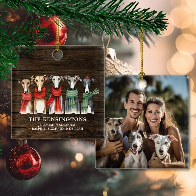 Adorno De Cerámica Whippets and Greyhounds Dog Rescue Holiday Photo (Whippets and Greyhounds Dog Rescue Holiday Photo Ceramic Ornament)