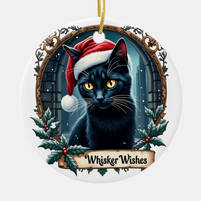Adorno De Cerámica Whisker Wishes - Black Cat Christmas Art Ornament  (Frente)