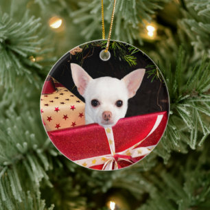 Adorno De Cerámica White Chihuahua Christmas