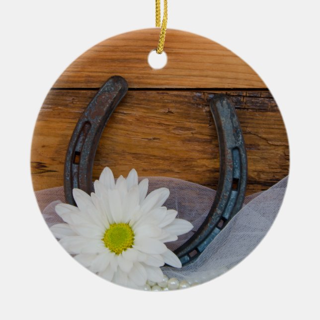 Adorno De Cerámica White Daisy and Horseshoe Country Wedding (Frente)