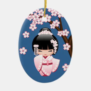 Adorno De Cerámica White Kimono Kokeshi Doll - Cute Geisha Girl Blue