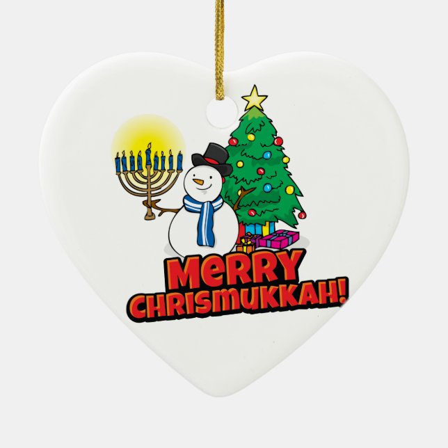 Adorno De Cerámica White Merry Chrismukkah con Snowman y Menorah (Atrás)