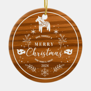 Adorno De Cerámica White Merry Christmas Ornament Mahogany Wood
