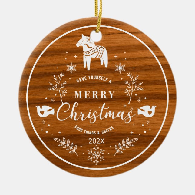 Adorno De Cerámica White Merry Christmas Ornament Mahogany Wood (Frente)