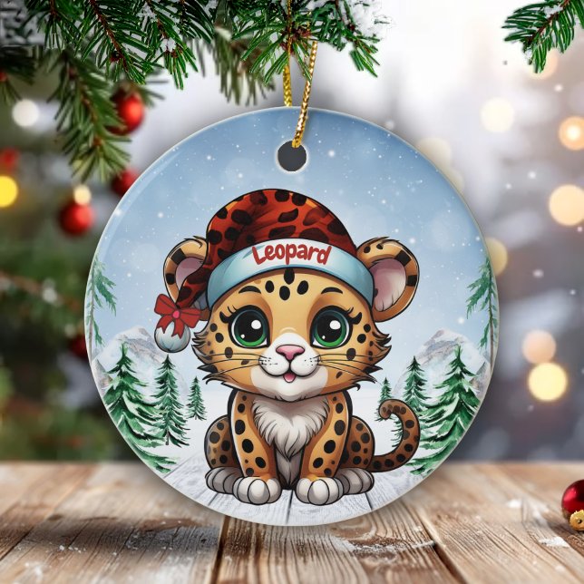 Adorno De Cerámica Wild Feline Lovers Woodland Wildlife Kitten 🐆🐈🐾 (Custom Name Leopard Christmas Ornament Personalizable Cat Xmas Decor Kitty Holiday Decoration 🐆🎄)