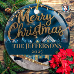 Adorno De Cerámica Wind Village Merry Christmas Personalizado Nombre<br><div class="desc">Celebre la temporada de vacaciones con el Ornamento de Cerámica de Personalizado de Navidad de Winter Village, una encantadora adición a su decoración festiva. Este bonito ornamento está decorado con un pintoresco paisaje de pueblo invernal, perfecto para captar el espíritu de los Navidades. Personalízalo con el nombre de tu familia...</div>