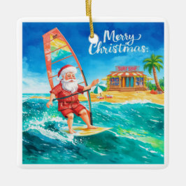 Adorno De Cerámica Windsurfing Santa Beach Christmas Card