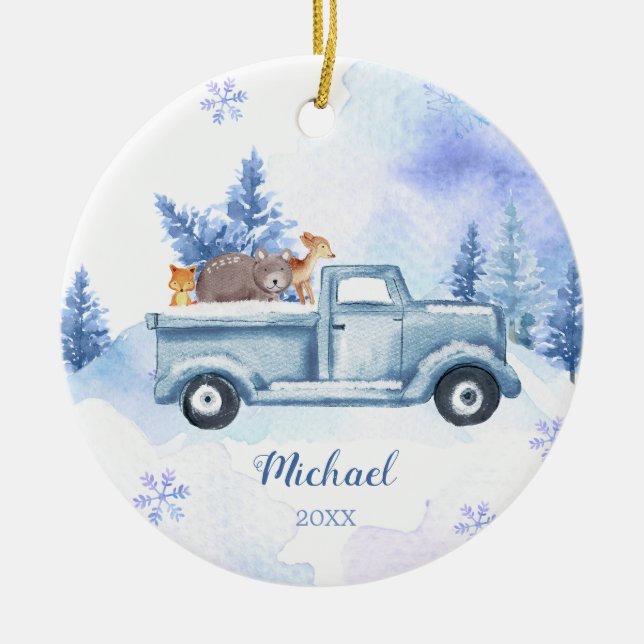 Adorno De Cerámica Winter Animal Truck Blue Snowflakes Mountain (Frente)