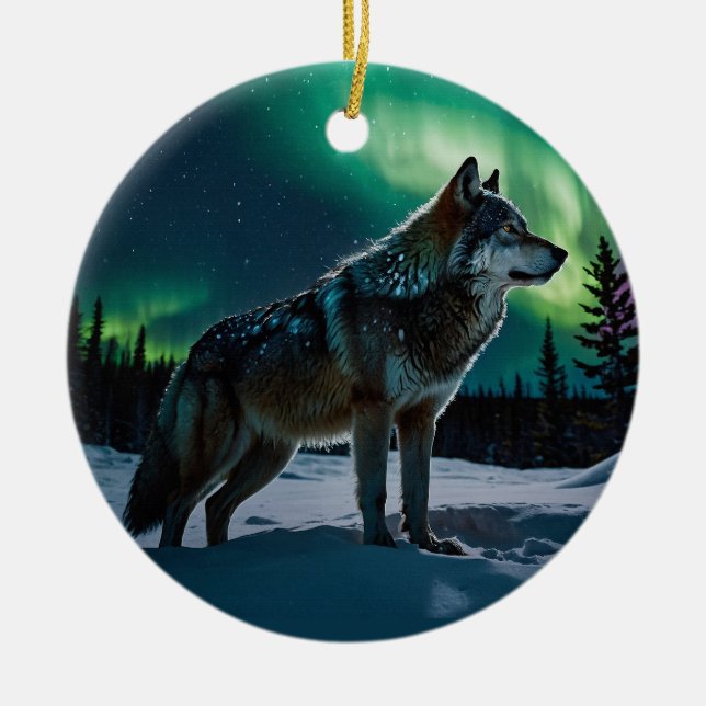 Adorno De Cerámica Winter Aurora & Timber Wolf Wildlife Design (Frente)