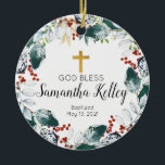 Adorno De Cerámica Winter Berry Wreath Bautismo Chica personalizado<br><div class="desc">Ornamento de bautismo Chica personalizado</div>