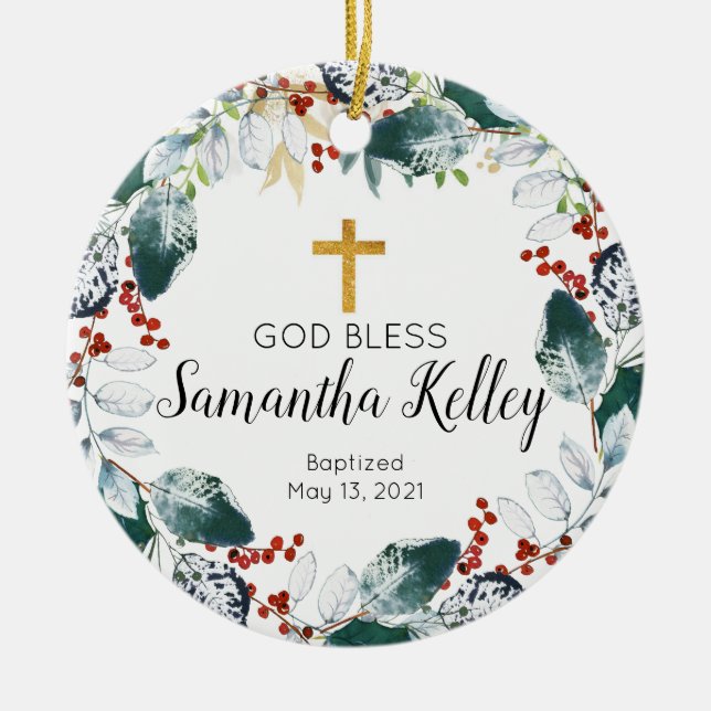 Adorno De Cerámica Winter Berry Wreath Bautismo Chica personalizado (Frente)