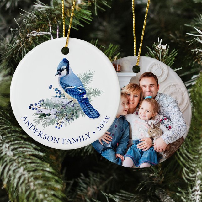 Adorno De Cerámica Winter Blue Jay Family Photo Christmas  (Subido por el creador)