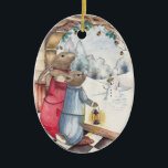 Adorno De Cerámica Winter Bunnies<br><div class="desc">Estos dos conejillos de invierno miran por la puerta a una hermosa escena de invierno. ¿Están esperando o simplemente admirando a su muñeco de nieve? Diseño acuático pintado a mano por Lindsey. Buscar otros elementos de esta colección.</div>