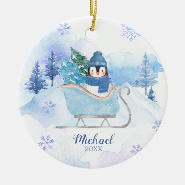 Adorno De Cerámica Winter Cute Penguin Blue Snowflakes Mountain (Frente)