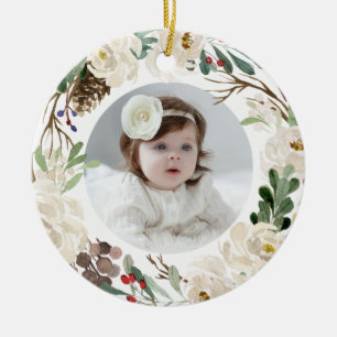 Adorno De Cerámica Winter Floral Wreath Holiday Ornament