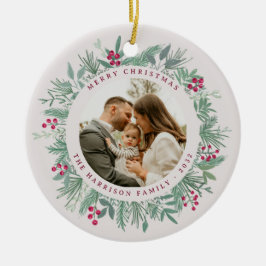 Adorno De Cerámica Winter Greenery Christmas Photo Wreath Ornament