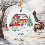 Adorno De Cerámica Winter Holiday Barn Farm Animals Nombre manuscrito<br><div class="desc">Este diseño fue creado a través del arte digital, se puede personalizar en el área que se proporciona o personalizar cambiando la foto o añadiendo tus propias palabras. Contáctame en colorflowcreations@gmail.com si quieres tener este diseño en otro producto o cambiar el número, género o color de pelo de los miembros...</div>