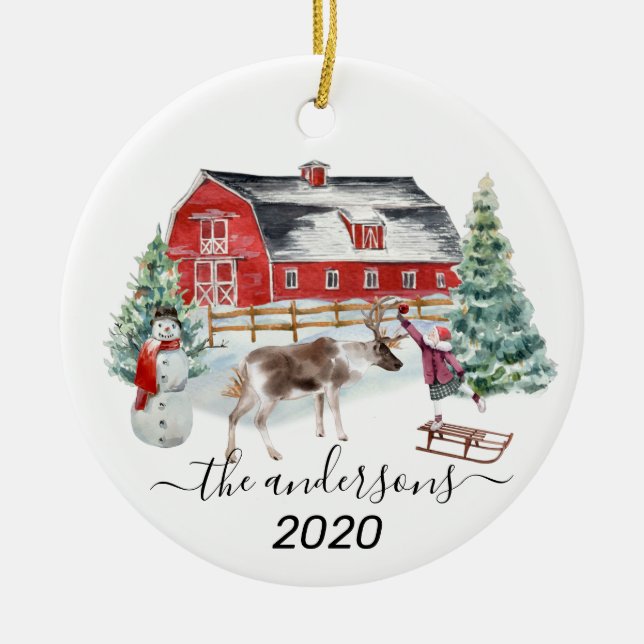 Adorno De Cerámica Winter Holiday Barn Reindeer Chica Nombre manuscri (Frente)