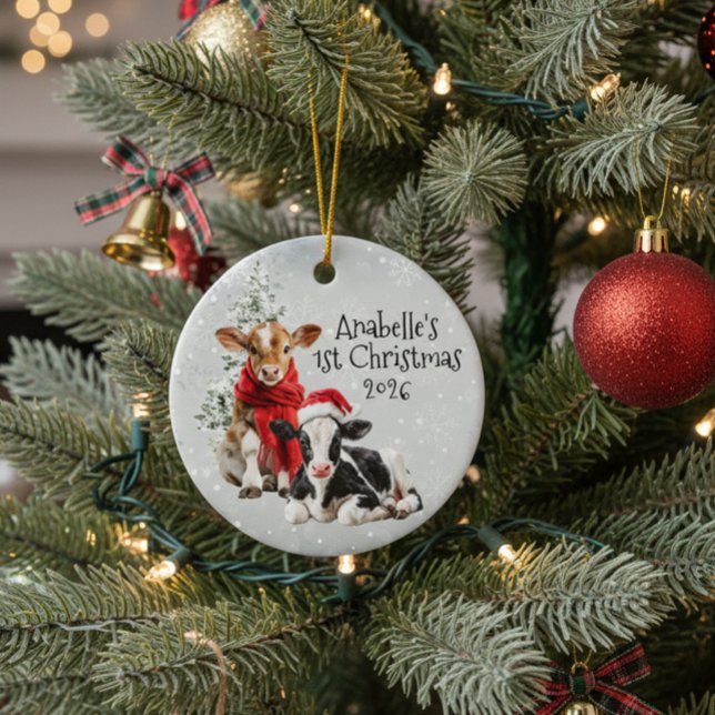 Adorno De Cerámica Winter Holiday Farm Cow 1st Christmas  (Subido por el creador)