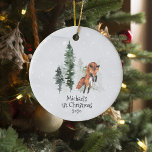 Adorno De Cerámica Winter Holiday Woodland Fox 1ª Navidad<br><div class="desc">Este diseño se creó a través del arte digital. Puede ser personalizado en el área de proporcionar o personalizar eligiendo la opción de pulsar para personalizar y cambiando el nombre, las iniciales o las palabras. También puede cambiar el color y estilo del texto o eliminar el texto para un diseño...</div>