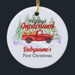 Adorno De Cerámica Winter Onederland First Christmas Red Truck<br><div class="desc">"One Derful Winter Adventure": ¡Dé un paseo por el encantador Onederland de invierno en un camión rojo vintage! Con árboles nevados creando un paisaje pintoresco, este adorno navideño captura la alegría y maravilla de que tu hijo se convierta en uno. ¡Prepárate para una celebración helada y divertida! Use el botón...</div>