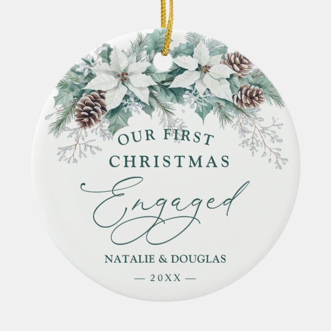 Adorno De Cerámica Winter Poinsettia Pine Nuestros primeros Navidades (Frente)